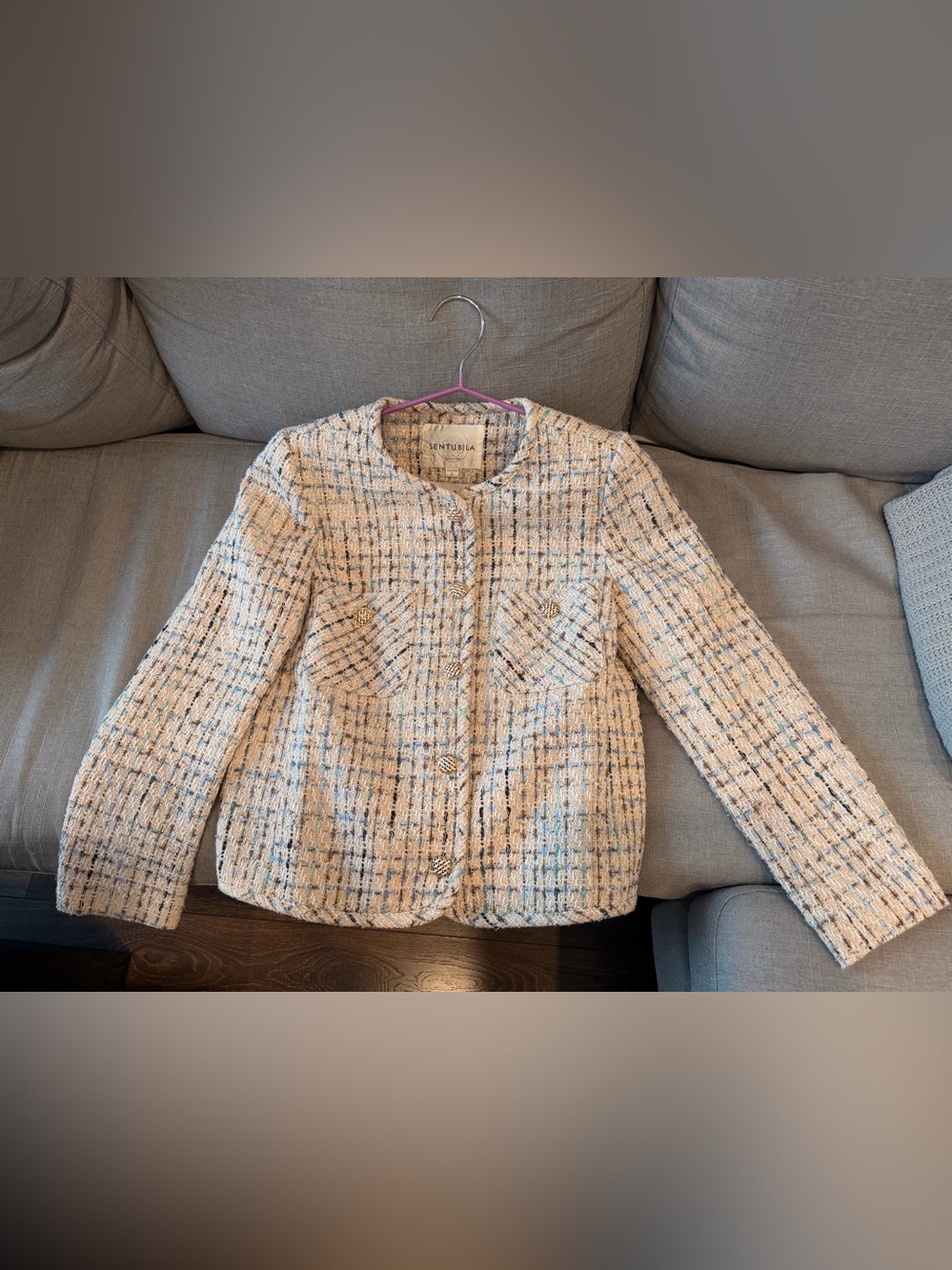 Ivory Tweed Collarless Button Jacket